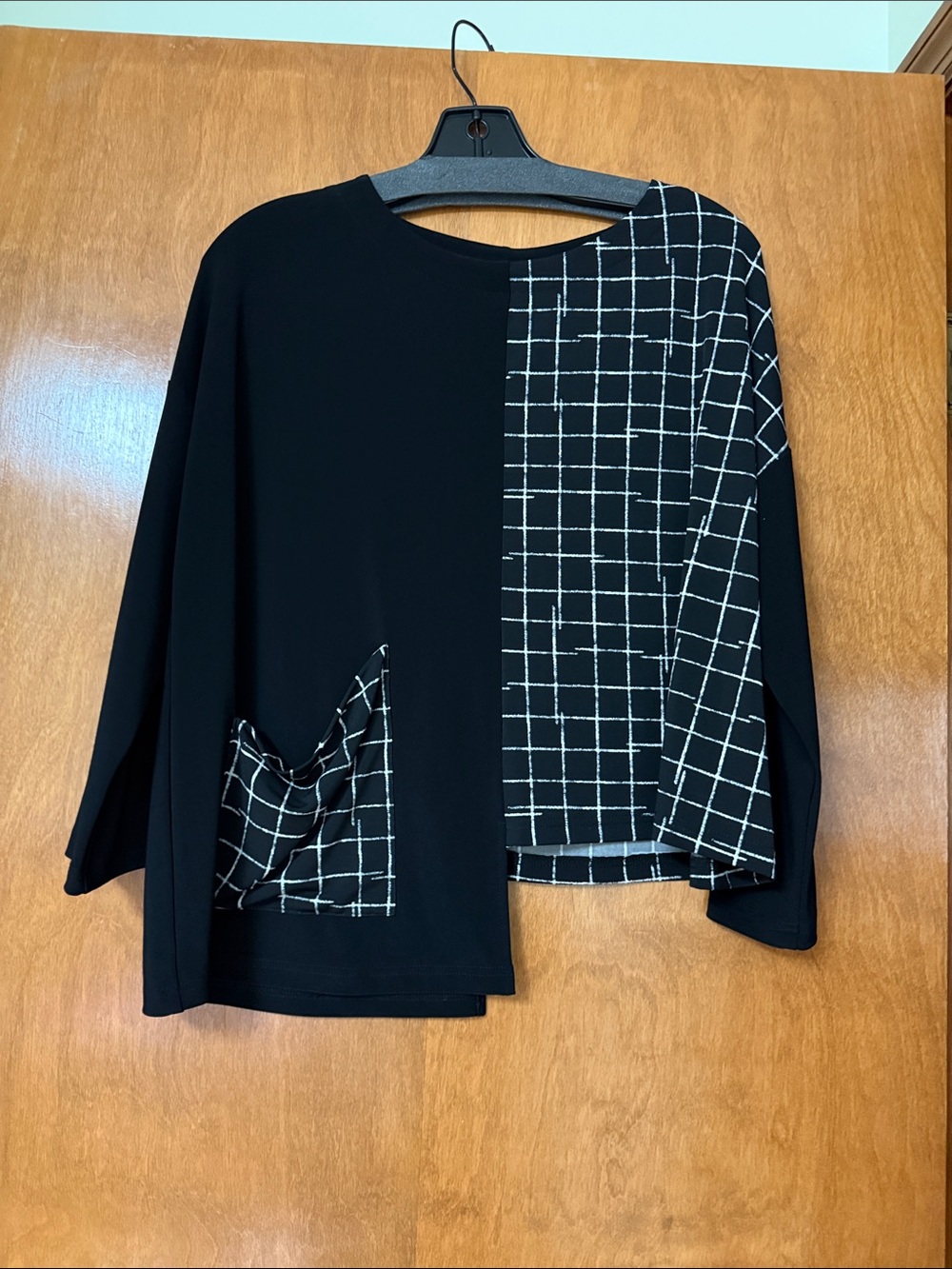 Sympli Black Long-Sleeve Top with White Grid Panel
